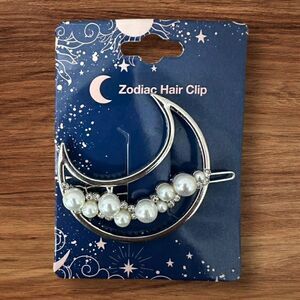 NWT 2 Inch Zodiac Gold Plated Metal Imitation Pearl Half Moon Hair Clip Barrette